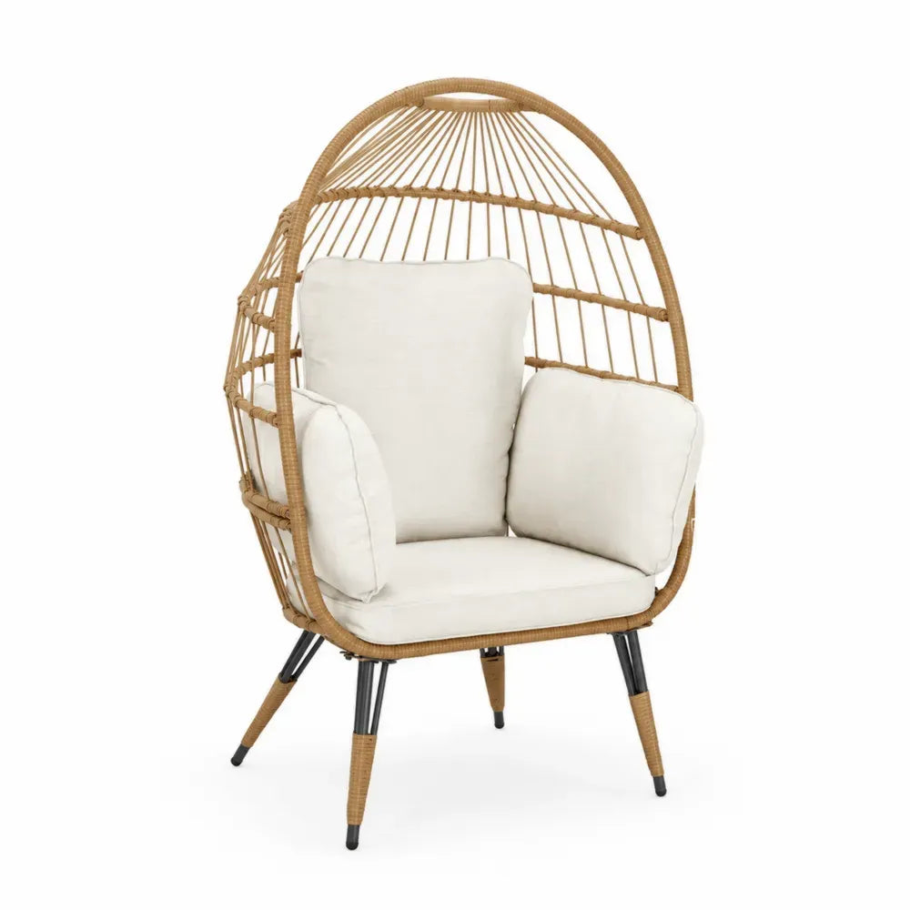 Garten Loungesessel mit Kissen eiförmiger Sitzschale PE Rattan pulverbeschichtetem Stahlgestell Naturbraun Cremeweiß Schwarz 92 x 85 x 148 cm