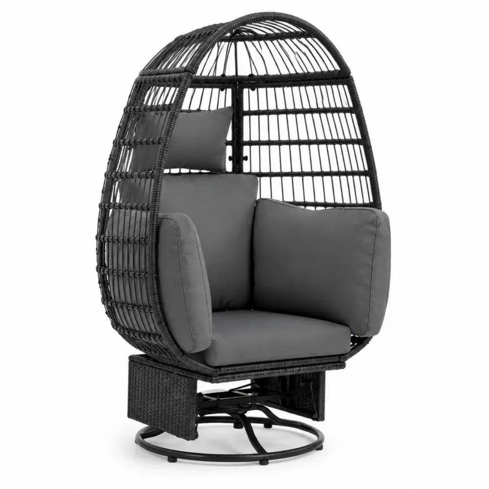 Garten Loungesessel Eiersessel aus Polyethylen-Rattan und Stahl eiförmig Schwarz Dunkelgrau 95 x 85 x 150 cm mit Kissen