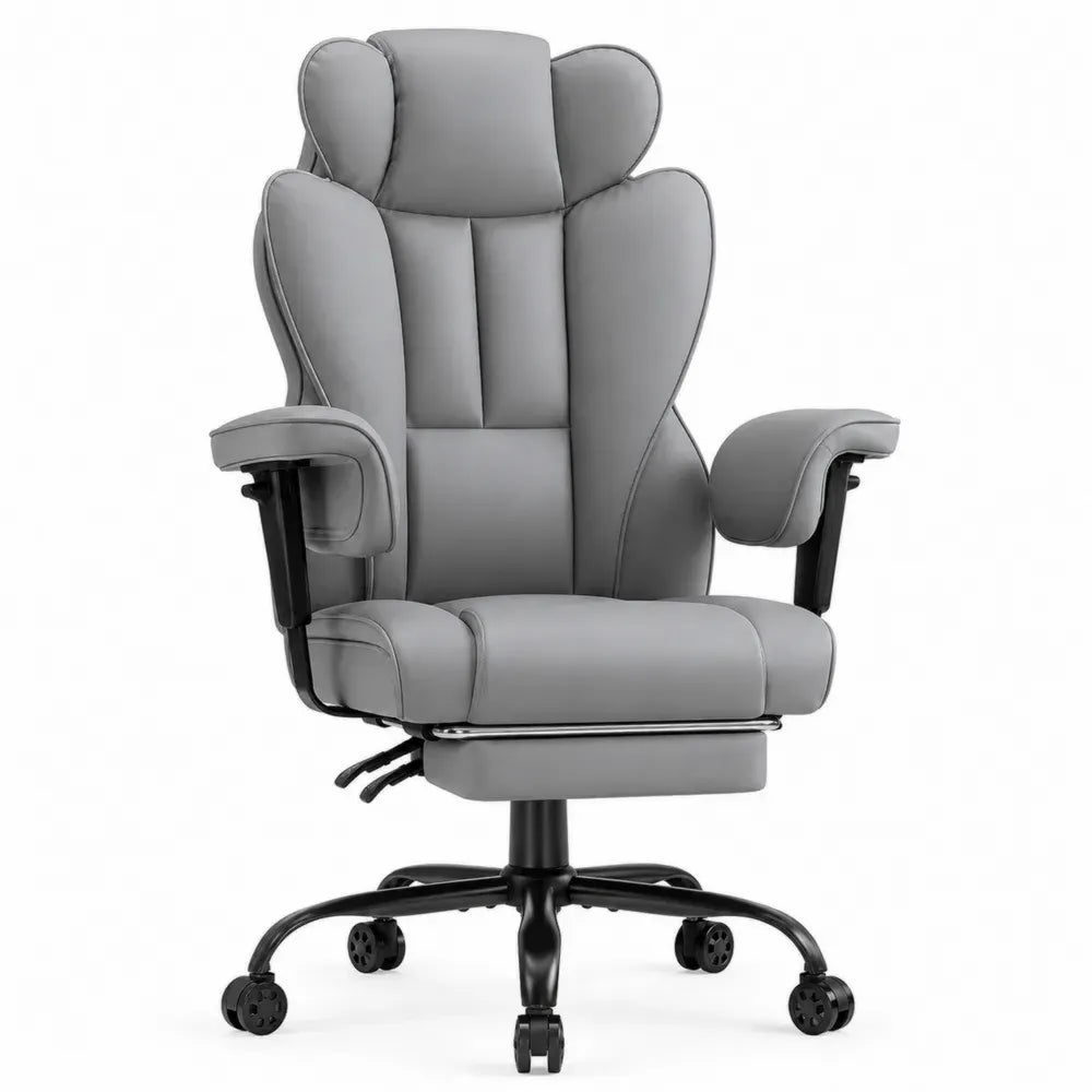 Bürostuhl Drehstuhl höhenverstellbar aus PU-Kunstleder mit Stahlgestell Rollen Armlehnen Fußstütze Grau Schwarz 70 x 70 x 118 bis 128 cm