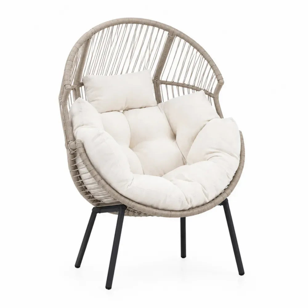 Garten Loungesessel mit Kissen Rundschale PE Rattan pulverbeschichtetem Stahlgestell Beige Cremeweiß Schwarz 94 x 88 x 150 cm
