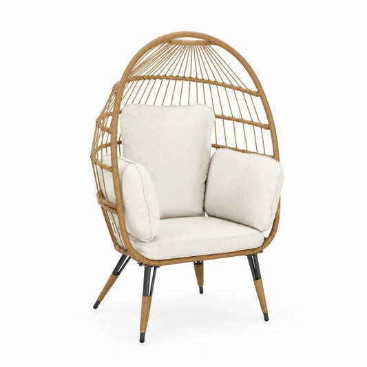 Garten Loungesessel mit Kissen eiförmiger Sitzschale PE Rattan pulverbeschichtetem Stahlgestell Naturbraun Cremeweiß Schwarz 92 x 85 x 148 cm