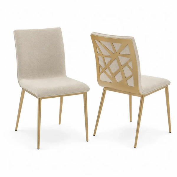 Esszimmerstühle 2er Set Polsterstühle mit Polyestergewebe Stahlbeinen und geometrischem Rückenrahmen Beige Goldfarben Schwarz je 48 x 56 x 87 cm