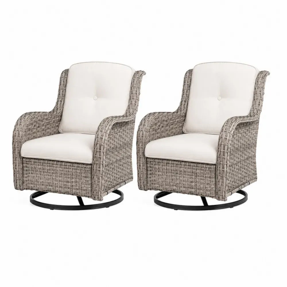 Gartensessel 2er Set drehbar mit Armlehnen PE Rattan Polsterkissen Stahlgestell Grau-Beige Cremeweiß Schwarz 66 x 76 x 91 cm