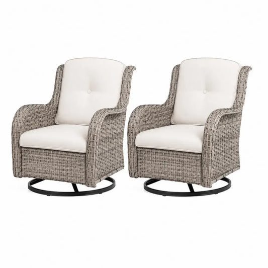 Gartensessel 2er Set drehbar mit Armlehnen PE Rattan Polsterkissen Stahlgestell Grau-Beige Cremeweiß Schwarz 66 x 76 x 91 cm