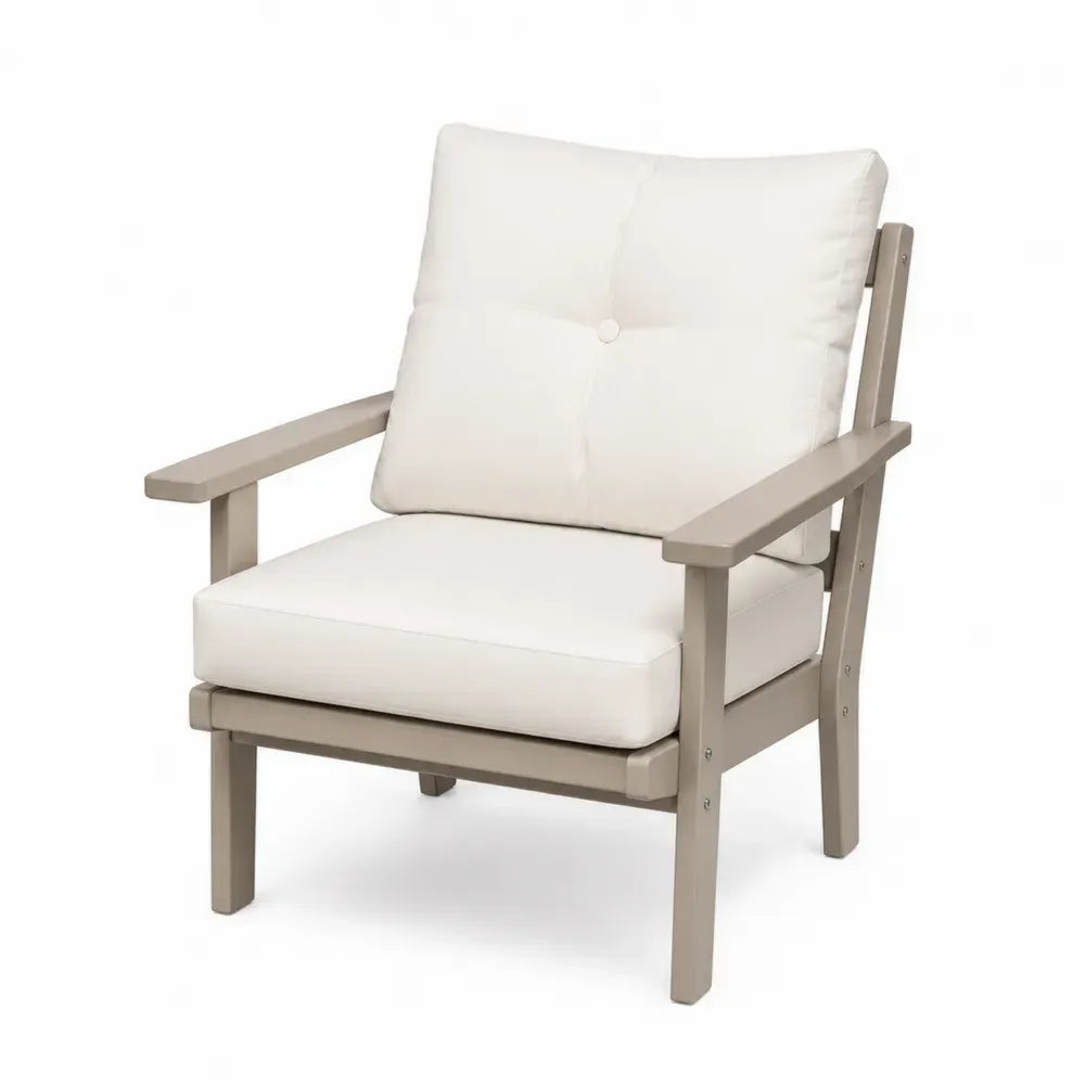 Gartenstuhl Loungesessel mit Armlehnen Polsterauflagen Akazienholz Polyestergewebe Taupe Cremeweiß 74 x 80 x 80 cm