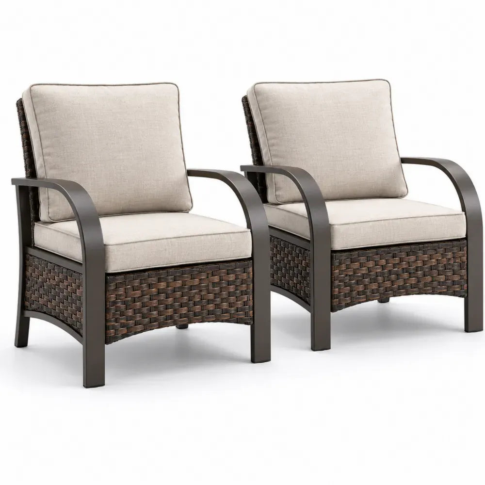 Gartenstuhl Loungesessel 2er Set mit Armlehnen PE Rattan Polyesterpolstern pulverbeschichtetem Stahl Beige Braun Dunkelbraun je 68 x 74 x 84 cm