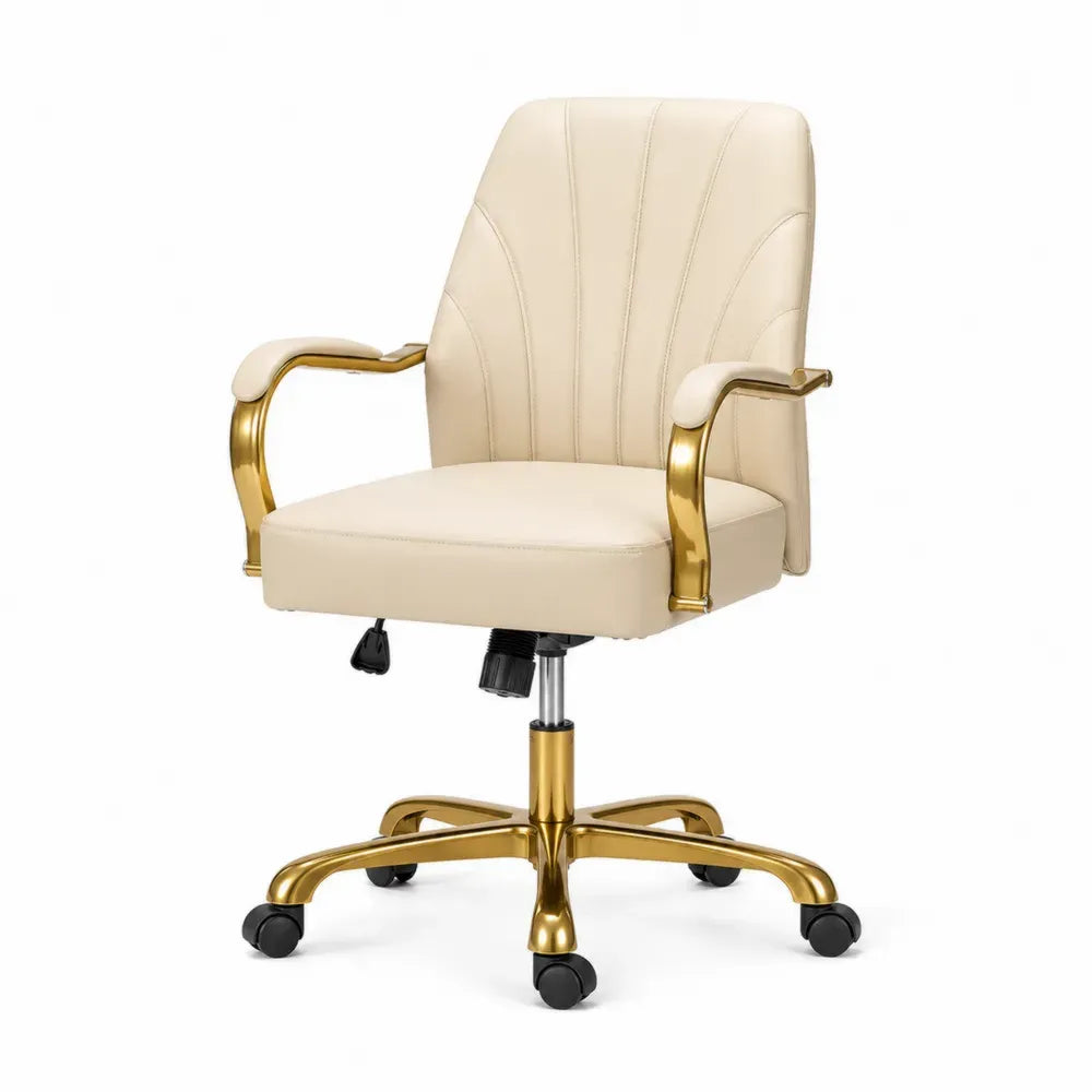 Bürostuhl Drehstuhl höhenverstellbar aus PU-Kunstleder mit Stahlgestell Rollen Armlehnen Creme Gold Schwarz 62 x 64 x 95 bis 105 cm