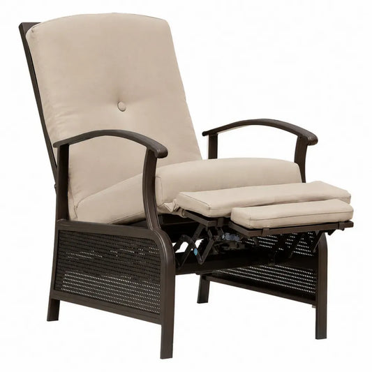 Gartenliegestuhl Relaxsessel aus pulverbeschichtetem Stahl und Polyester Beige Dunkelbraun 70 x 95 x 110 cm mit verstellbarer Rückenlehne und Fußstütze