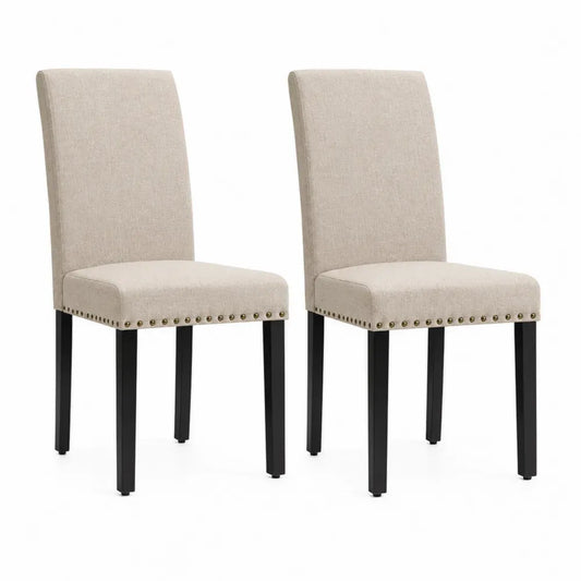 Esszimmerstühle 2er Set gepolstert mit Polyesterbezug und Gummibaum-Massivholzbeinen Beige Schwarz Messingfarben je 48 x 60 x 96 cm