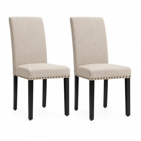 Esszimmerstühle 2er Set gepolstert mit Polyesterbezug und Gummibaum-Massivholzbeinen Beige Schwarz Messingfarben je 48 x 60 x 96 cm