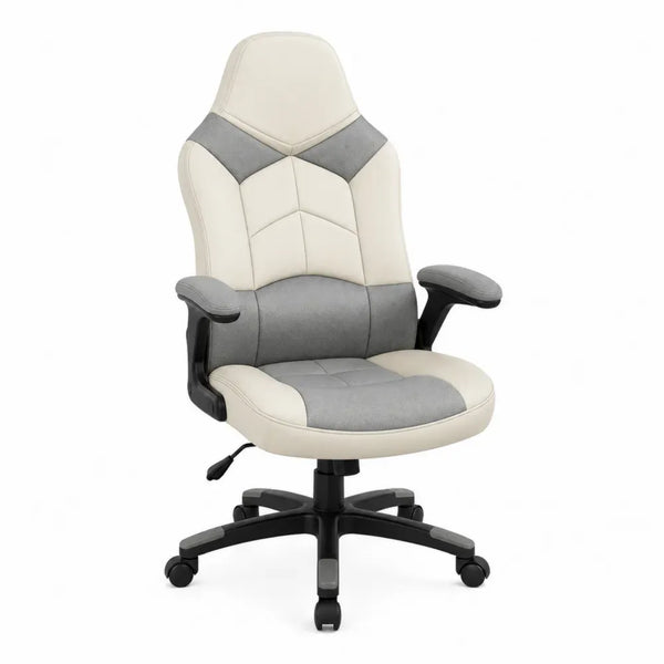 Bürostuhl Gamingstuhl höhenverstellbar aus PU-Kunstleder und Polyestergewebe mit Armlehnen Beige Grau Schwarz 66 x 70 x 123 bis 133 cm