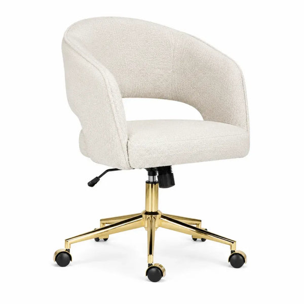 Bürostuhl Drehstuhl mit Rollen und Armlehnen höhenverstellbar Polyester-Bouclé Stahlgestell creme goldfarben 58 x 60 x 78 bis 90 cm